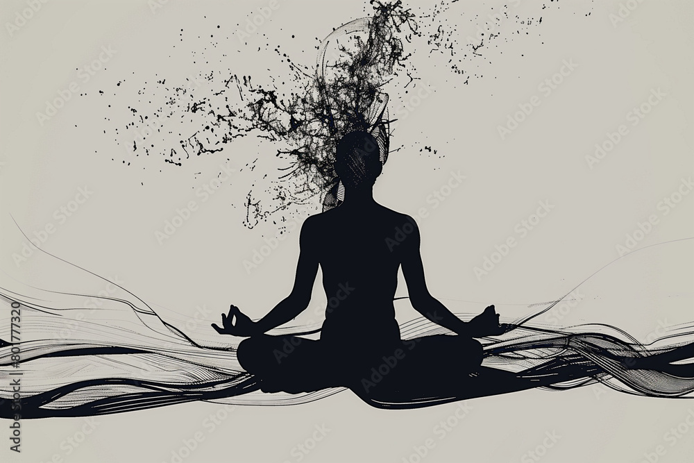A compelling line art illustration of a person sitting in a lotus pose ...