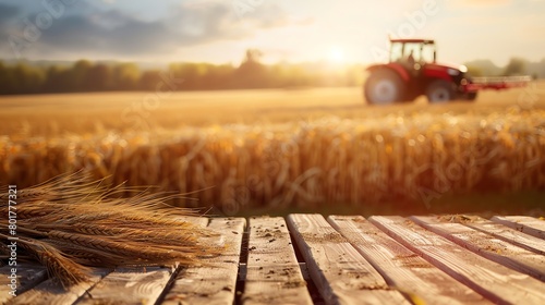 wooden table in front of wheat field photo