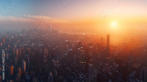 futuristic city at sunrise, with interconnected buildings and pathways 