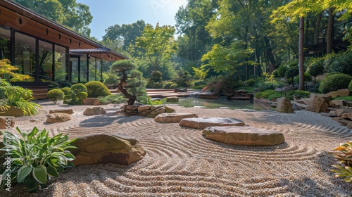 raked gravel zen garden, pruned bonsai trees, inspiration traditional japanese rock gardens