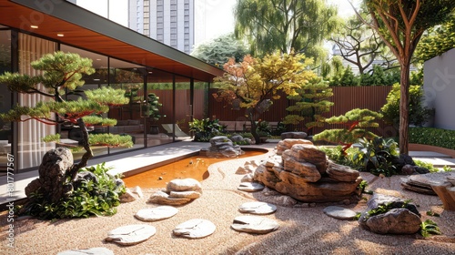 raked gravel zen garden, pruned bonsai trees, inspiration traditional japanese rock gardens