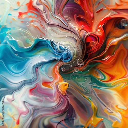 Abstract swirls of vibrant paint colors, high-detail, artistic fluid motion, mesmerizing pattern