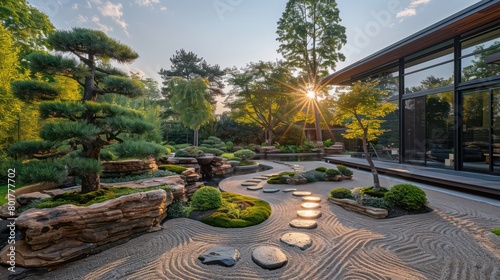 raked gravel zen garden, pruned bonsai trees, inspiration traditional japanese rock gardens