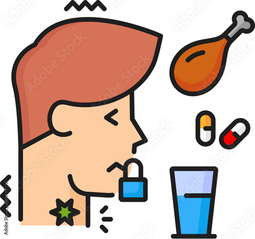 Phagophobia psychology anxiety or phobia, mental health problem line color icon. Fear of choking, phobia or people mental disorder thin line vector symbol or sign with stressed man, food and drink