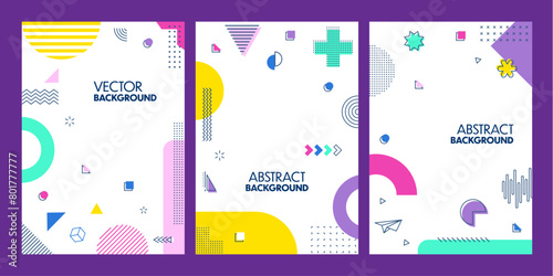 Modern abstract geometric posters with Memphis shapes. Vibrant vector backgrounds, vertical cards design with bold colors and playful patterns, dynamic visual compositions with retro-futuristic flair