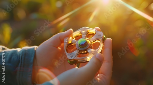 A child's hand holding a spinning fidget spinner toy photo