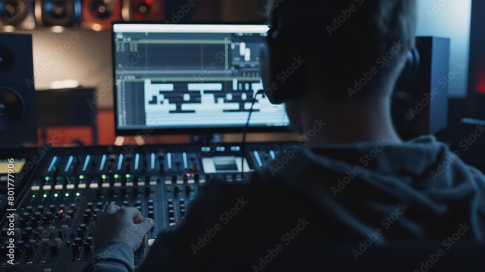 sound mixing board, sliders and knobs, blurred background sound mixing board, sliders and knobs, blurred background