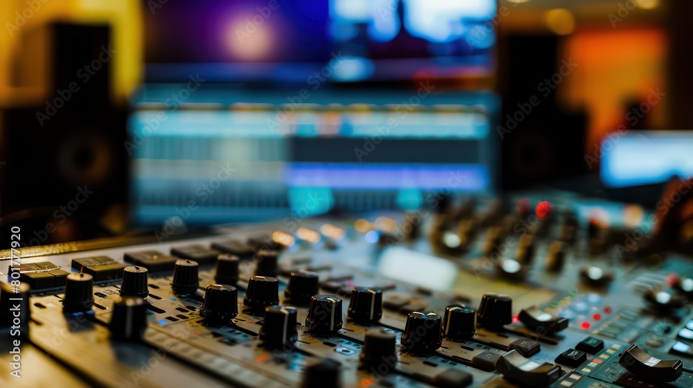 sound mixing board, sliders and knobs, blurred background sound mixing board, sliders and knobs, blurred background