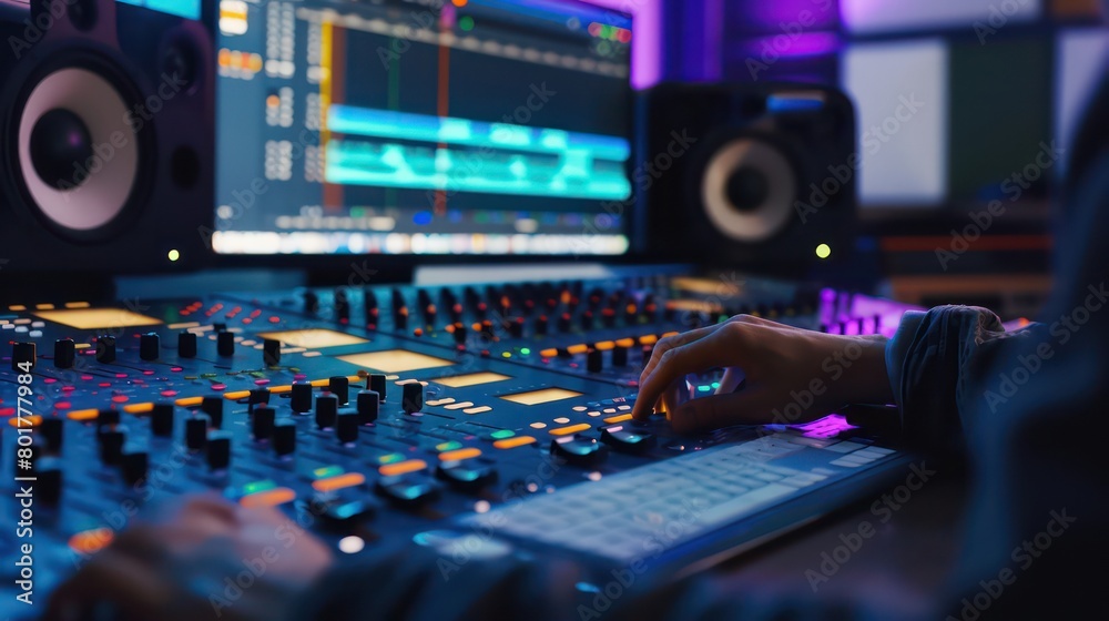 sound mixing board, sliders and knobs, blurred background sound mixing board, sliders and knobs, blurred background