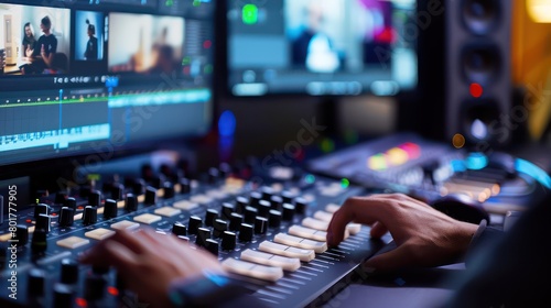 sound mixing board, sliders and knobs, blurred background