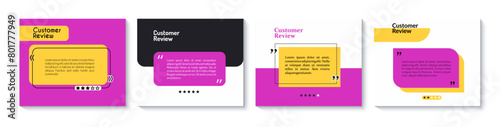 Testimony review template. Customer feedback frames with quotation marks. Vector client testimonial speech boxes, social media post, web banners or comments. Modern style layouts or message borders