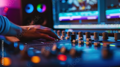 sound mixing board, sliders and knobs, blurred background photo
