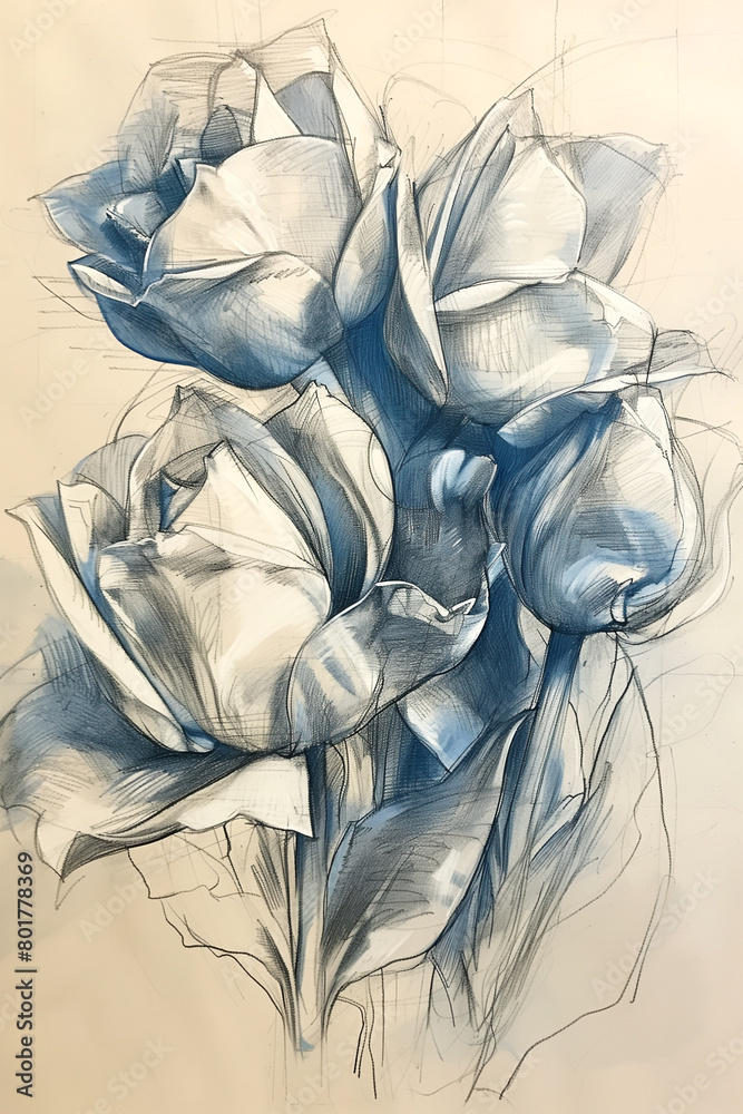 A drawing of four blue tulips A drawing of four blue tulips