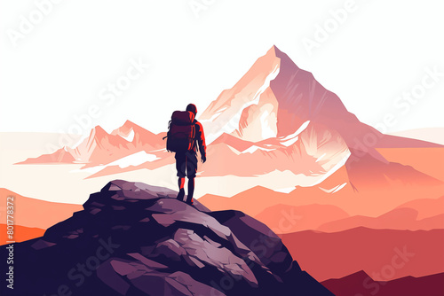  A climber reaching the top of the mountains admiring the view in front of him 
