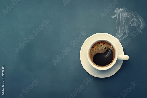 A steamy cup of black coffee viewed from above on a minimalist blue background 