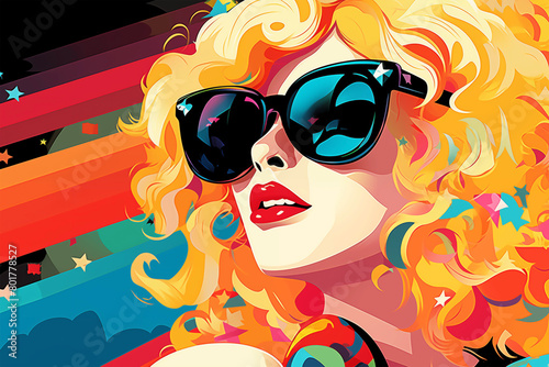 Pop art retro style pretty young woman wearing sunglasses on vibrant colourful background