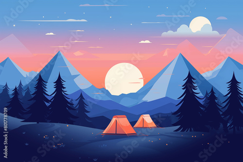 A camping tents in the middle of a forest in the mountains at the sunset