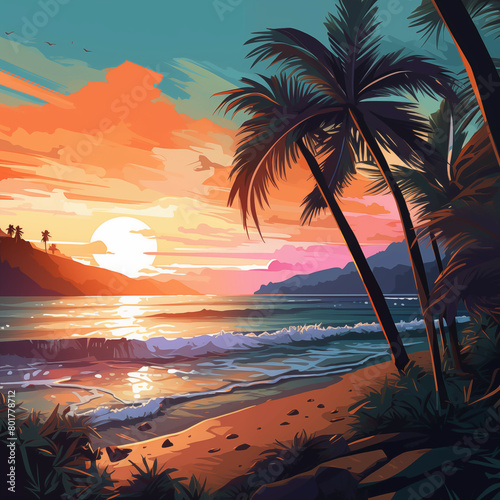 Summer beach shore with palm trees at the sunset 