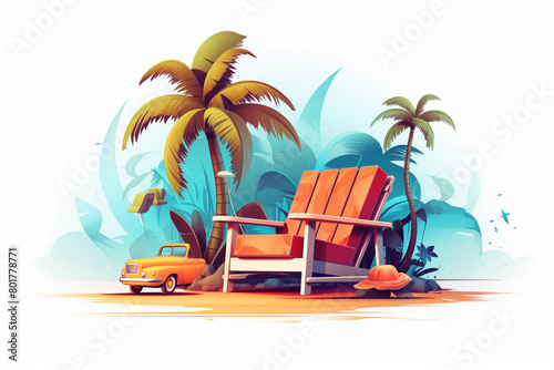 Summer illustration featuring a tropical beach with beach chair, palm trees, and flowers