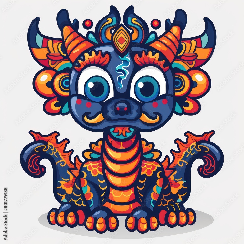 Fototapeta premium dragon, symmetry doodle art, woodblock color print art, flat cartoons, white background