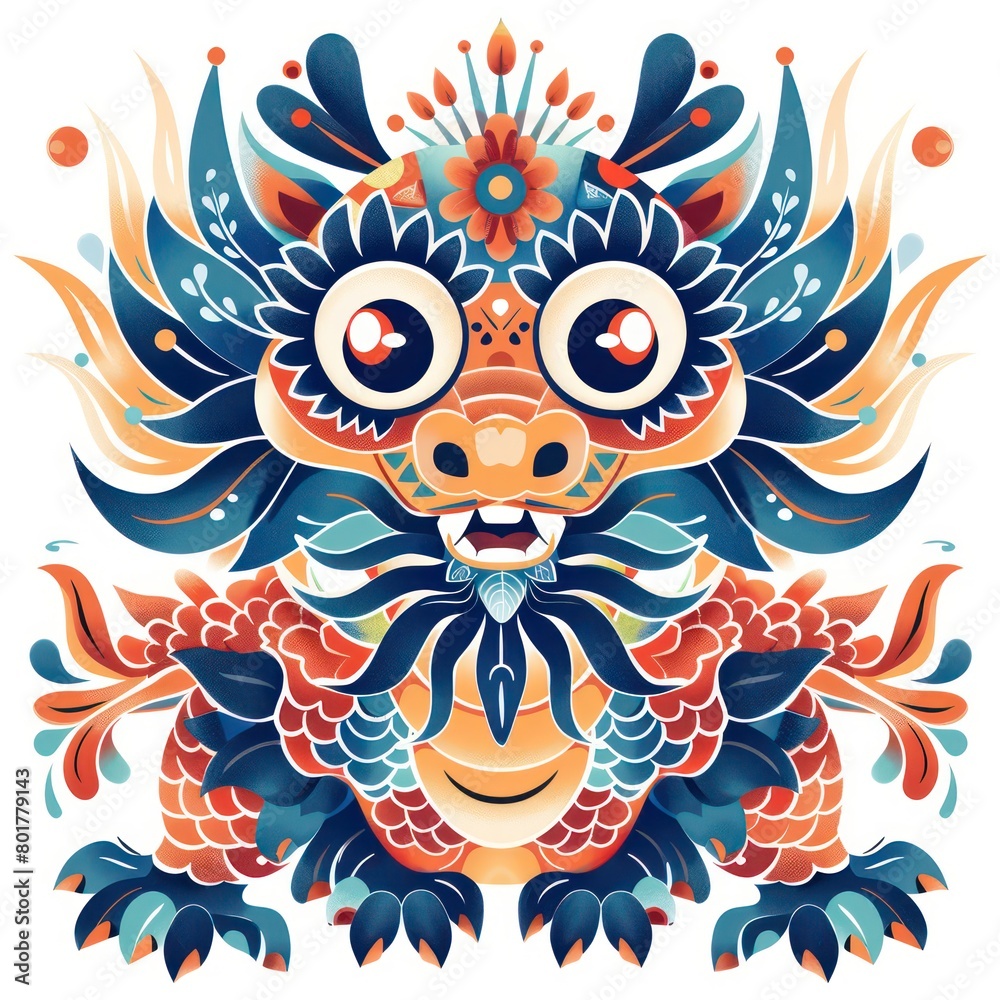 dragon, symmetry doodle art, woodblock color print art, flat cartoons, white background dragon, symmetry doodle art, woodblock color print art, flat cartoons, white background