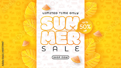 The design for the summer sale features a paper-cut tropical background in bright colors. Combining the concept of tropical leaves and discount vouchers. Vector illustration template.