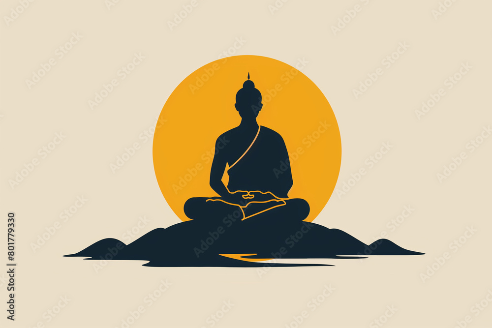 A circular logo featuring a minimalist monk meditation pattern ...