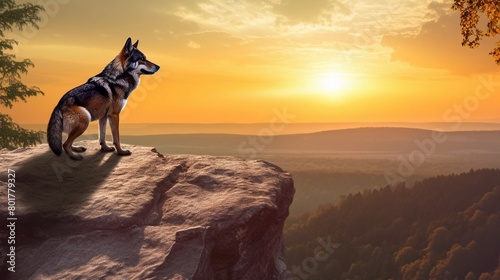Tranquil scene of a wolf on a cliff as the sun sets, casting a golden glow over the landscape