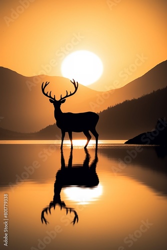 Two reindeers stand by a lake  silhouetted against a rising sun in a minimal wildlife nature landscape