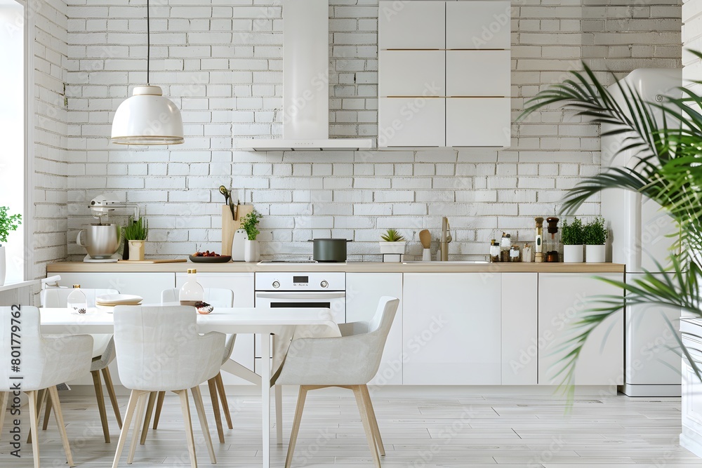 Modern new light interior of kitchen with white furniture and dining table. White brick wall. Soft tone