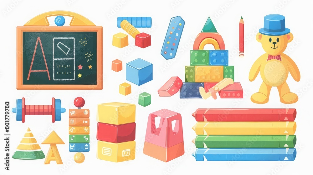 Set of kid plush and plastic toys, chalkboard, pencils, drawings, books, wooden building cubes and blocks for childrens entertainment Colored flat vector illustration isolated on white background Set of kid plush and plastic toys, chalkboard, pencils, drawings, books, wooden building cubes and blocks for childrens entertainment Colored flat vector illustration isolated on white background