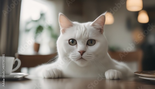 A white British cat jumped onto the dining table. The cat looks up