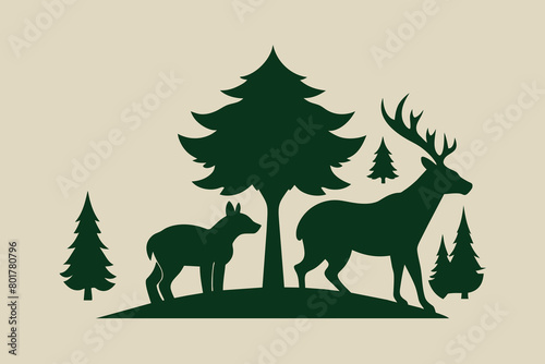 stylized nature animals. Collection of animal silhouettes with a forest. Logos of wild animals. Tattoo. Vector