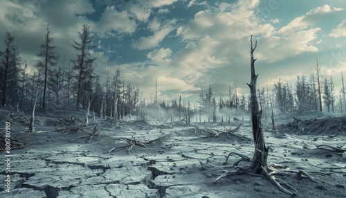 A barren forest landscape, devoid of trees, with skeletal remains scattered on the cracked earth   photo