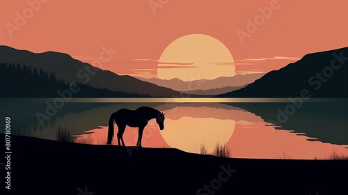 Silhouette of a horse by a wilderness lake, captured in a minimal illustration of a sunset scene