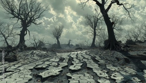 A barren forest landscape, devoid of trees, with skeletal remains scattered on the cracked earth   photo