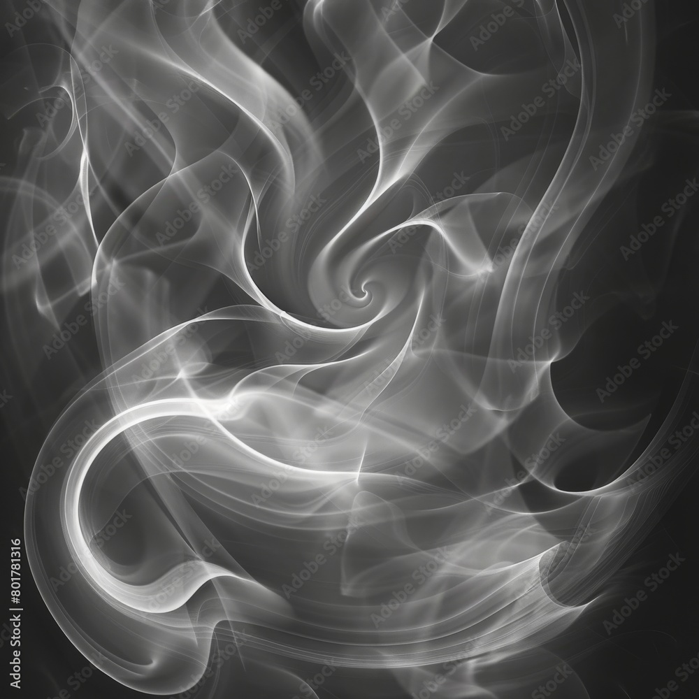 A black and white abstract photograph of swirling smoke, captured with a long exposure, resulting in a soft, grainy texture 