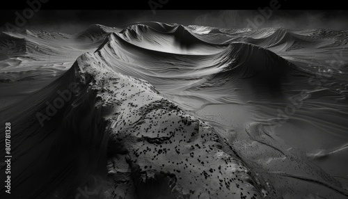 A black and white photo of a desert landscape with windblown sand dunes, creating a textured and desolate background   photo
