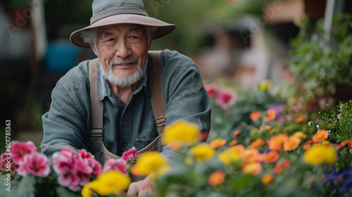 Senior Asian man gardening in his garden to plant flowers and trees