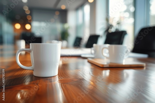 cups of coffee on the office table with people meeting background