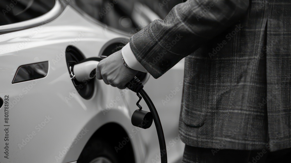 businessman using an electric car charger, light gray and white businessman using an electric car charger, light gray and white