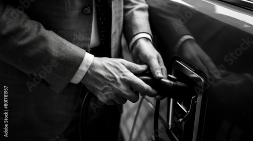 businessman using an electric car charger, light gray and white