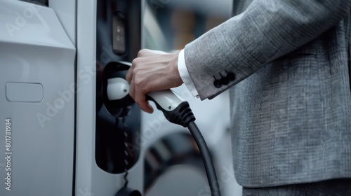 businessman using an electric car charger, light gray and white © STOCKYE STUDIO