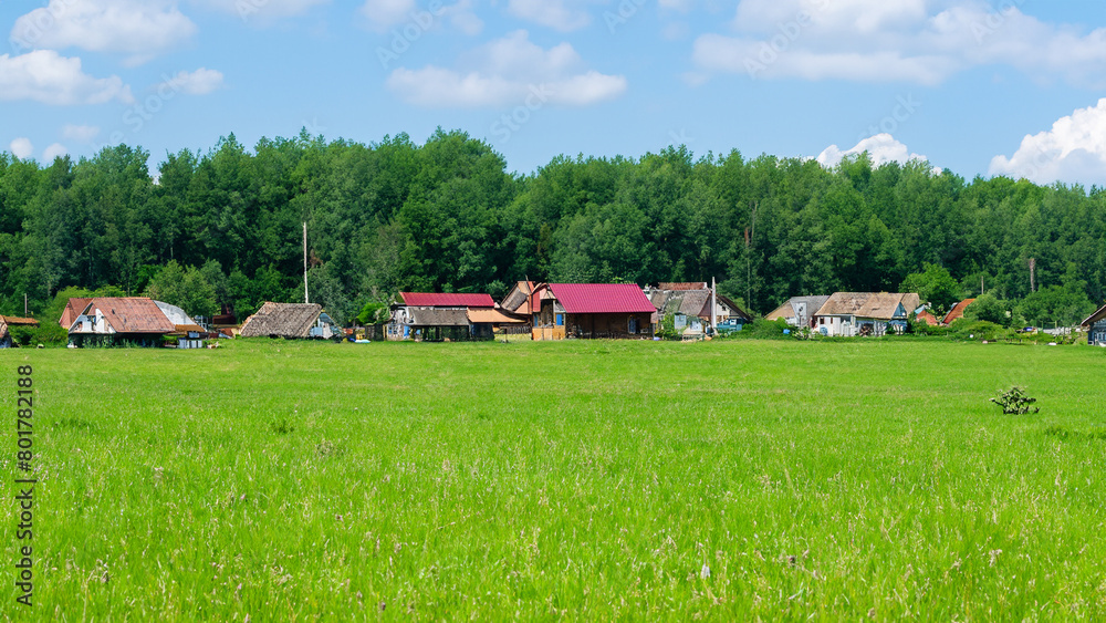 Small villages home on the wide grass field . Generative Ai Small villages home on the wide grass field . Generative Ai