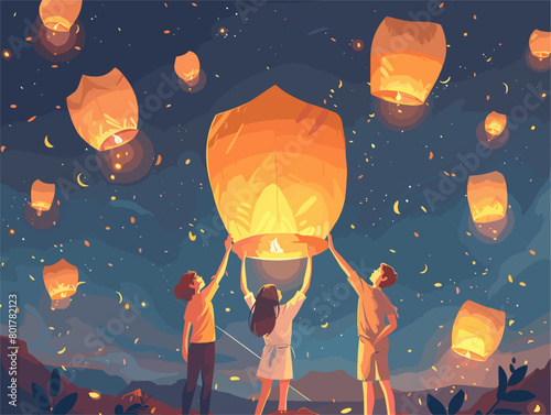 Festive Celestial Wishes: Friends Celebrate Birthdays Under a Lantern Lit Sky