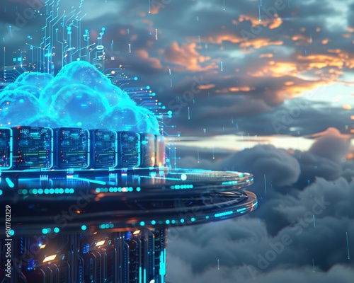 A chrome data center server bank with glowing blue circuits, uploading data to a swirling cloud vortex in the sky 