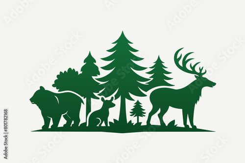 stylized nature animals. Collection of animal silhouettes with a forest. Logos of wild animals. Tattoo. Vector