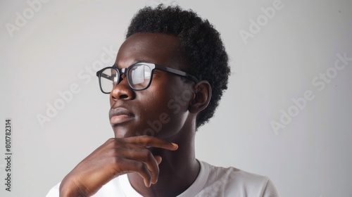 Thoughtful African American Young Man with Glasses Pondering Against White Background