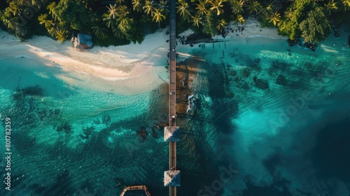 An aerial view of a tropical island showcasing a dock extending into the aqua water leading to a beautiful beach surrounded by lush green trees and natural landscape AIG50
