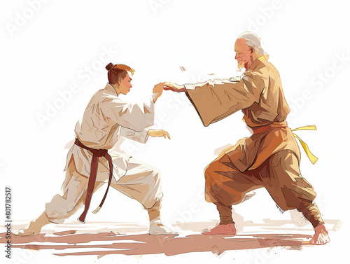 Animated Illustration of Disciple Learning Traditional Martial Art from Wise Master